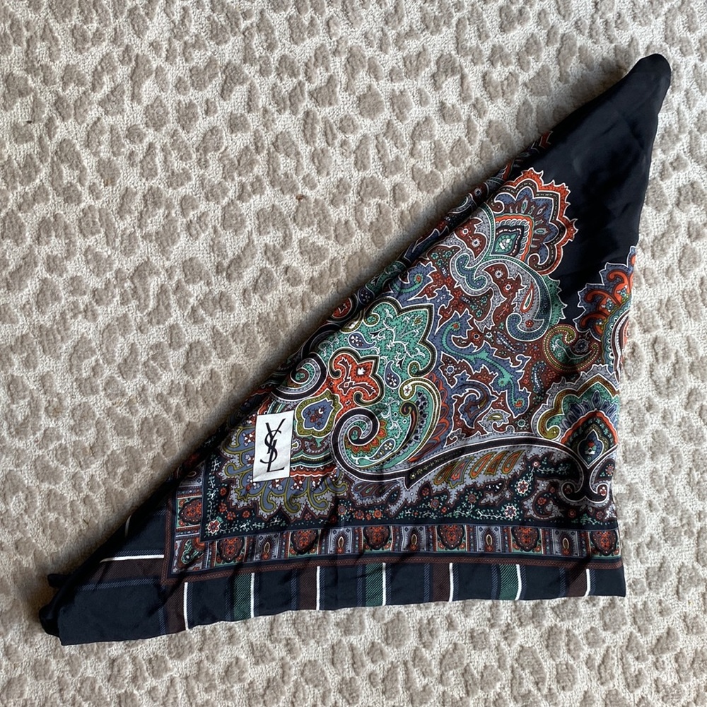 Saint Laurent Black Paisley Silk Scarf with Green and Rust Accents